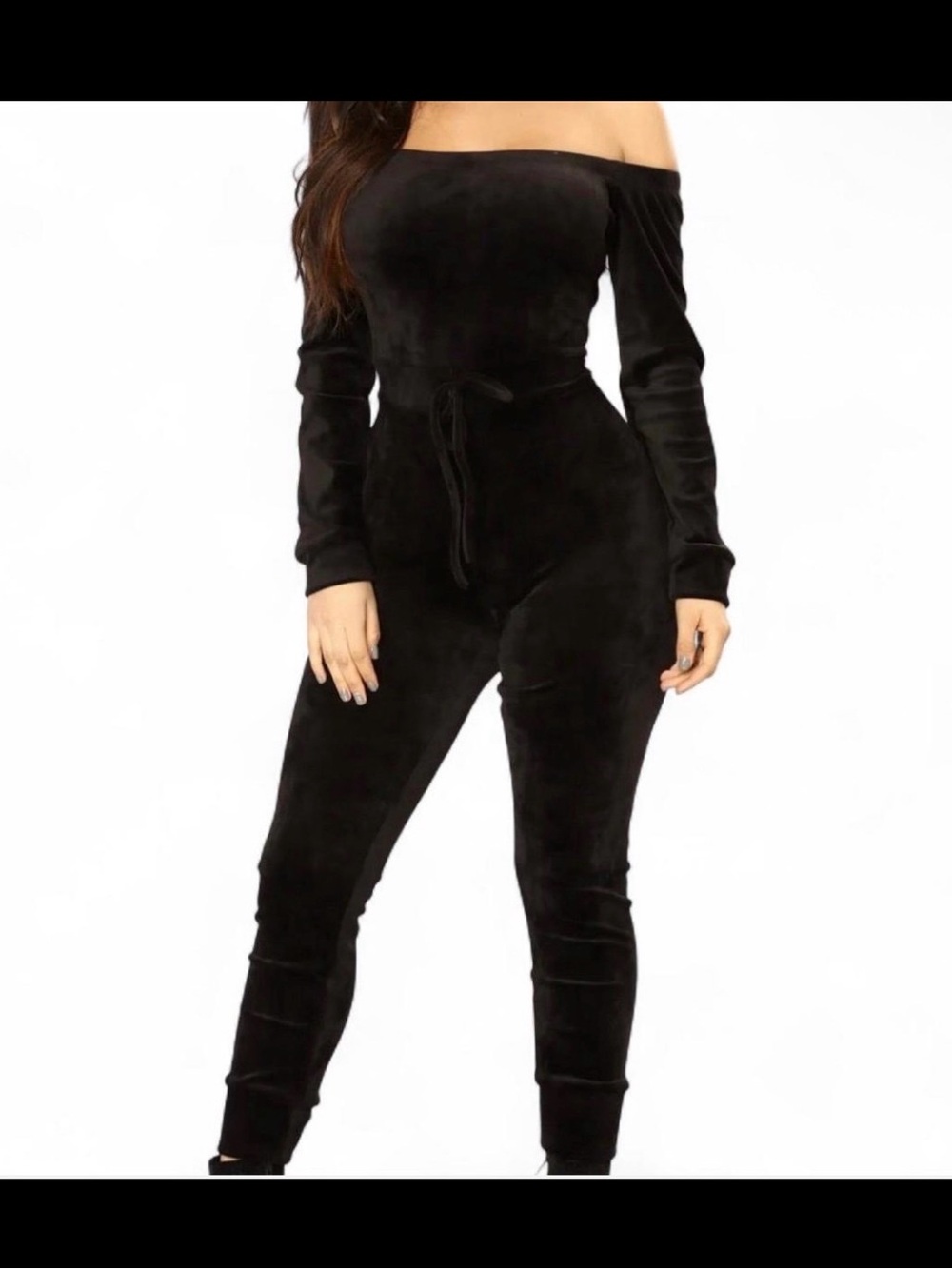 Fashion Nova black Off-the-Shoulder Velour Velvet Jumpsuit xs